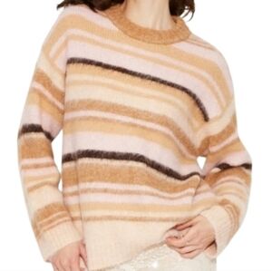 Striped Cream and Brown Brushed Yarn Women's Oversized Sweater Sz Xl Nwt